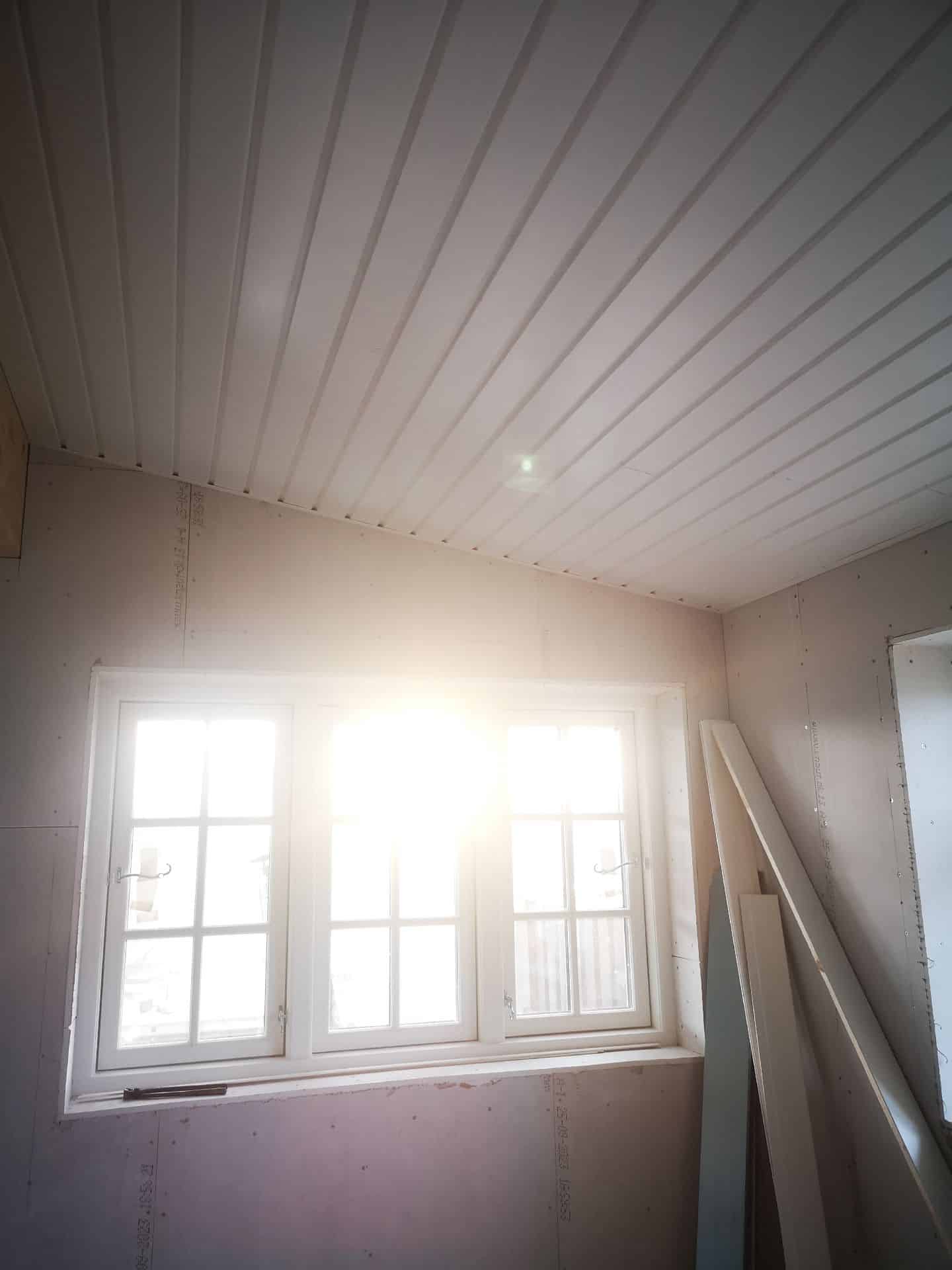 Ny bærende indervægskonstruktion med 145 mm. isolering. Ny bærende limtræs bjælke. Nye døre og vinduer. Nye hjælpe spær tildannet gamle. Hvidmalede nye profil lofter...