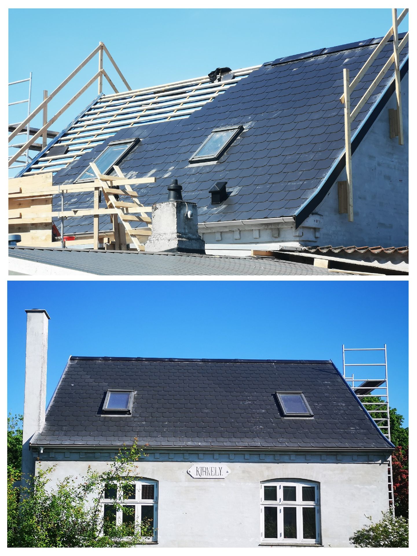 Isoleret fra tagfod til kip.
Opretning af spær.
Diffentionsåbent undertag.
Velux tagvinduer 4 stk.
Indvendige lysninger ved Velux x 4.
Vedligeholdelsesfri stern.
Lindab tagrender.
Nyt skifertag 30x60 cm.
Ventileret tagrygning.